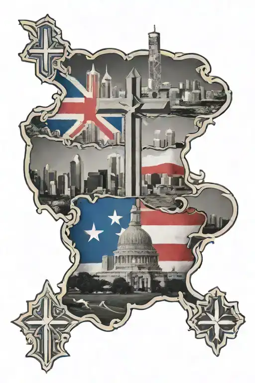 Dallas Texas Skyline with a Panamanian flag and Christian cross tattoo design idea