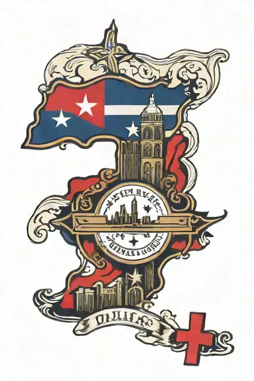 Dallas Texas Skyline with a Panamanian flag and Christian cross tattoo design idea