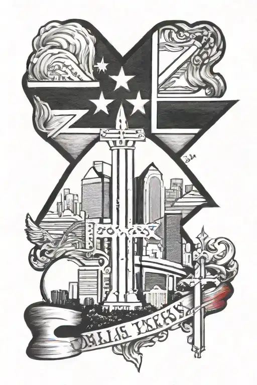 Dallas Texas Skyline with a Panamanian flag and Christian cross tattoo design idea