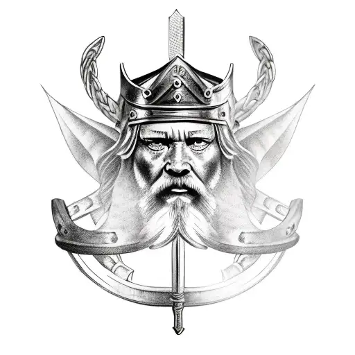slave Tattoo, viking king sit on throne with two hand sword holding in left hand  tattoo design idea