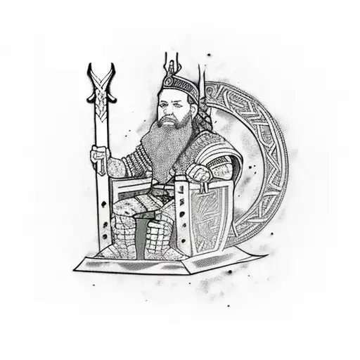 slave Tattoo, viking king sit on throne with two hand sword holding in left hand  tattoo design idea