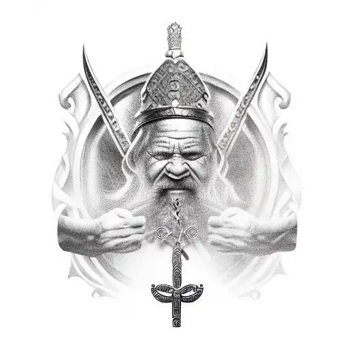 slave Tattoo, viking king sit on throne with two hand sword holding in left hand  tattoo design idea