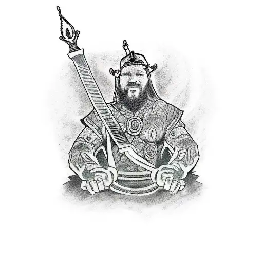 slave Tattoo, viking king sit on throne with two hand sword holding in left hand  tattoo design idea