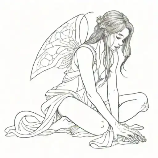 an adult fairy kneeling on the ground. Not much pigmented but detailed. She looks up. She looks sh tattoo design idea
