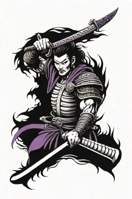 Samurai front view with spread angel wings with a katana and purple eyes tattoo design idea