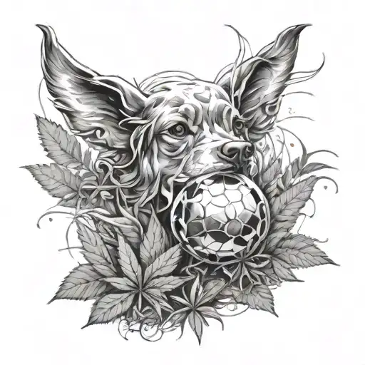 A sketch style tattoo of a dog playing with a Pokeball in a field of cannabis plants tattoo design idea