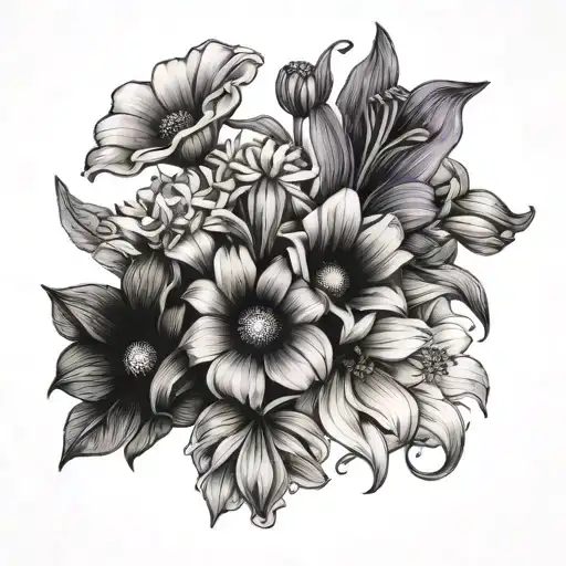 Violet , Daisy , Lily and poppy flower bouquet tattoo design idea
