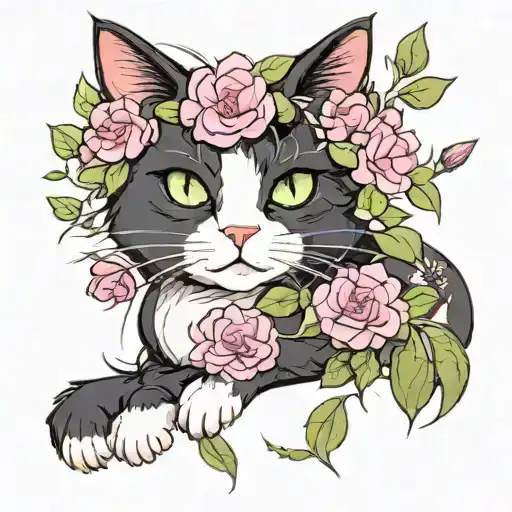tuxedo cat green eyes, pink camellia flowers, cute, feminine tattoo design idea