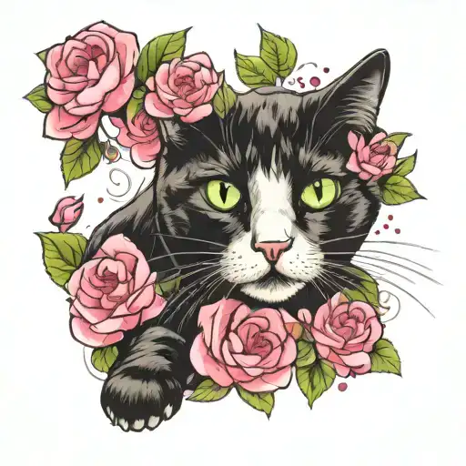 tuxedo cat green eyes, pink camellia flowers tattoo design idea