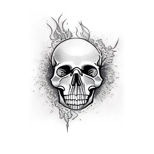 a realistic vertical tattoo with an empty skull on the top with a small burning flame with a clock faded underneath it s tattoo design idea