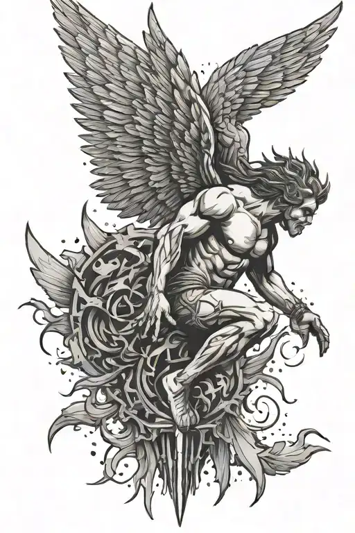 Icarus falling from the clouds down towards spikes but these spikes are shining tattoo design idea