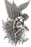 Icarus falling from the clouds down towards spikes but these spikes are shining tattoo design idea