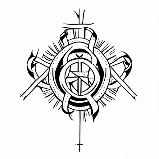 cross with crown of thorns on top, empty tomb represented tattoo design idea