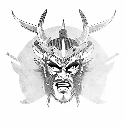 A demon samurai warrior with a woman's face as the mask tattoo design idea