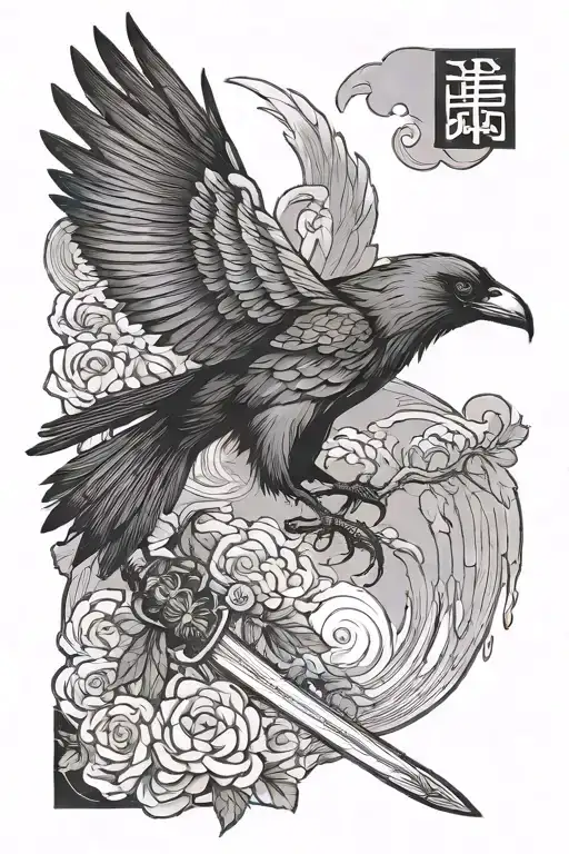 japanese crow flying with a sword tattoo design idea