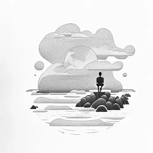 A silhouette of a person meditating on a cliff overlooking the ocean, representing the balance between self-care and the serenity of nature tattoo design idea