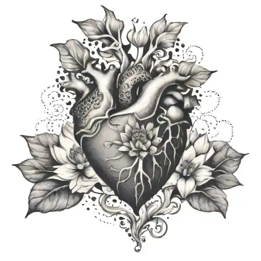 Anatomical heart with a lotus flower growing out of it symbolizing the beauty in impermanence tattoo design idea