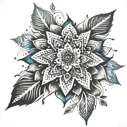 black floral mandala with blue highlights that is slowly falling apart tattoo design idea