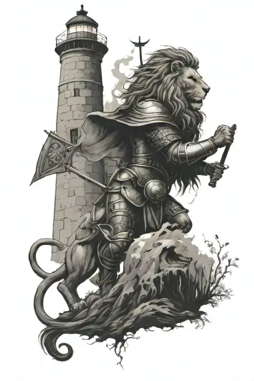 Male lion and knight kneeling holding a shield and lighthouse and a path through dark woods and phoenix tattoo design idea