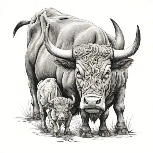 wise bull father and kid taurus tattoo design idea