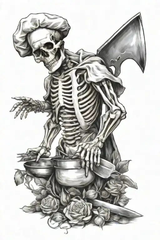 skeleton chef knife tattoo design idea