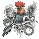 Metal Ox and a Fire Rooster and a Snake and a Water Dragon collage tattoo design idea