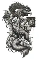 Metal Ox and a Fire Rooster and a Snake and a Water Dragon collage tattoo design idea