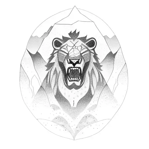 A blackwork tattoo of a roaring lion standing on a rocky mountain peak, with a waterfall flowing in the background. tattoo design idea