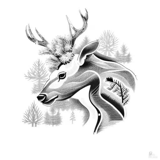 a frame cabin, pine trees, deer under porch tattoo design idea