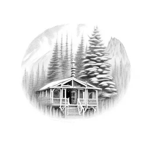 a frame cabin, green pines, small dear under elevated porch tattoo design idea