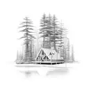 a frame cabin, green pines, small dear under elevated porch tattoo design idea