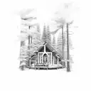 a frame cabin, green pines, small dear under elevated porch tattoo design idea