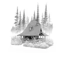 a frame cabin, green pines, small dear under elevated porch tattoo design idea
