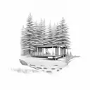 a frame cabin, green pines, small dear under elevated porch tattoo design idea