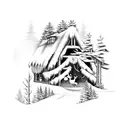 a frame cabin, pine trees, deer under porch tattoo design idea