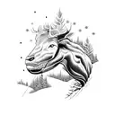 a frame cabin, pine trees, deer under porch tattoo design idea