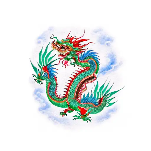 3 Chinese dragons blue red and green tattoo design idea