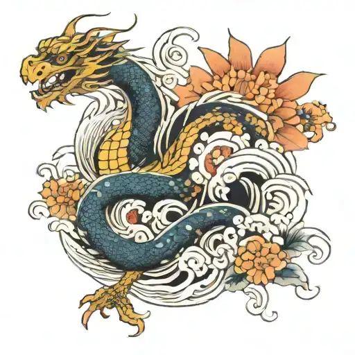dragon and Japanese wave and koi fish and Japanese flower tattoo design idea