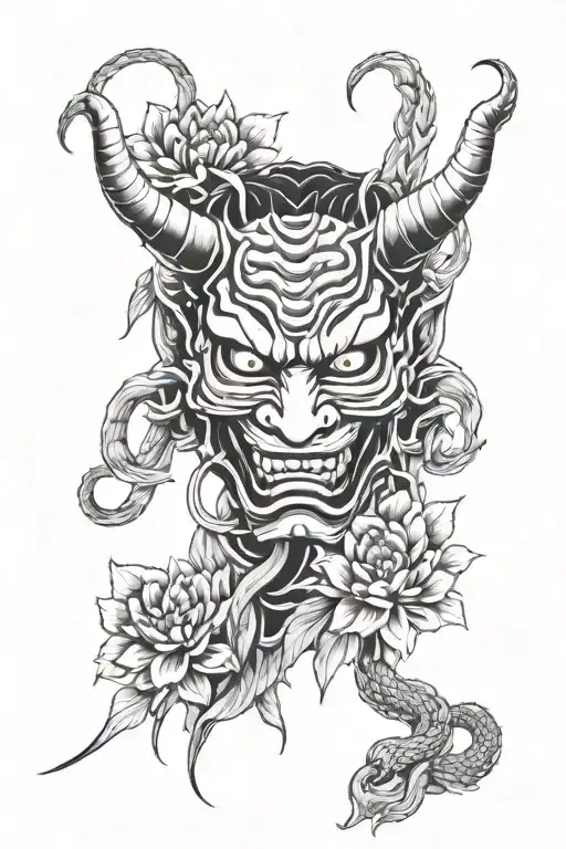 Hannya mask with snake behind and chrysanthemum leaves tattoo sketch tattoo design idea