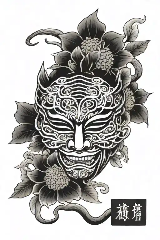 Japanese mask with snake behind and chrysanthemum leaves tattoo design idea