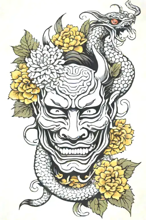 Hannya mask with snake behind and chrysanthemum leaves tattoo sketch tattoo design idea