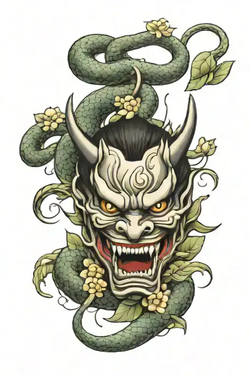 Hannya mask with fangs with a snake behind and chrysanthemum leaves tattoo sketch tattoo design idea