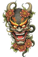 Hannya mask with big fangs with a snake behind and chrysanthemum leaves tattoo sketch tattoo design idea