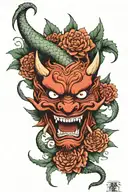 Hannya mask with big fangs with a snake behind and chrysanthemum leaves tattoo sketch tattoo design idea