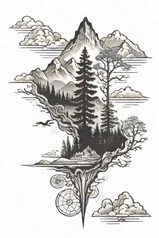 upside down mountains facing trees tattoo design idea
