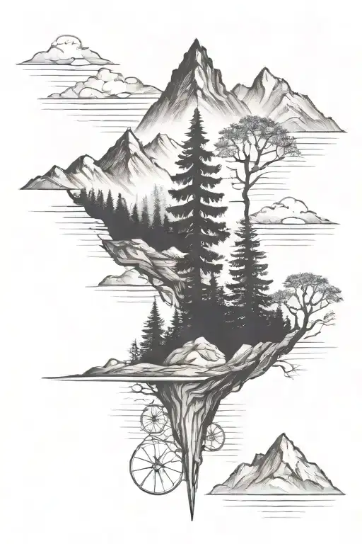 upside down mountains facing trees tattoo design idea