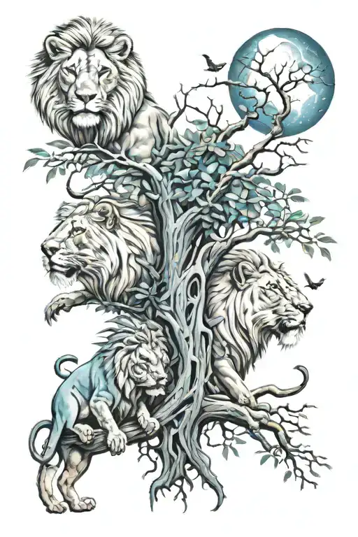 lions kings vs king panthers in side a blue eye with a moon tree on it  tattoo design idea