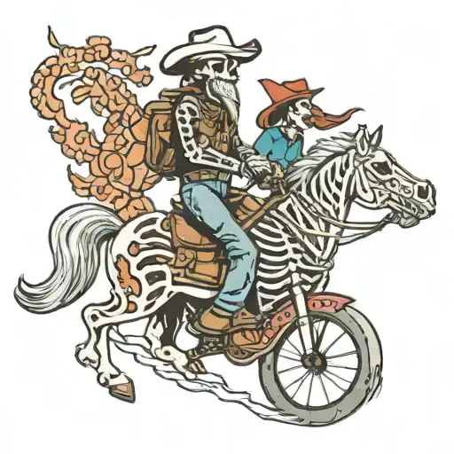 skeleton horse and skeleton cowgirl riding mountain bike tattoo design idea