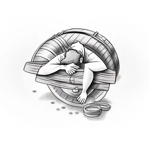 drunk man sleeping on top of a whisky barrel tattoo design idea
