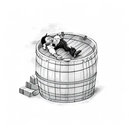 drunk man sleeping on top of a whisky barrel tattoo design idea